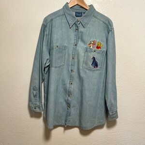 Disney‎ Pooh Women's Long Sleeve Blue Denim Button Down Shirt L 14/16